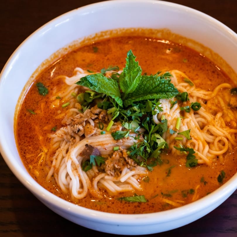 Close-up of a bowl of Thai Lao Cuisine's spicy red curry noodle soup with mint and cilantro.